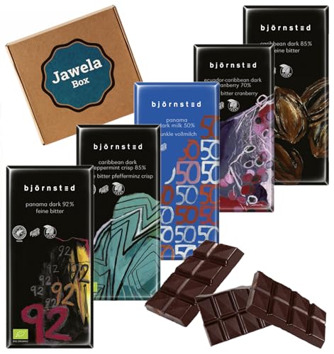 Björnsted Schokolade Premium Mix Set - natural Qualitäts-Schokolade - 92%, 85%, Dark Milk 50%, Peppermint Crisp 85%, Dark Cranberry 70% - Jawela Probierset - Geschenk von Jawela