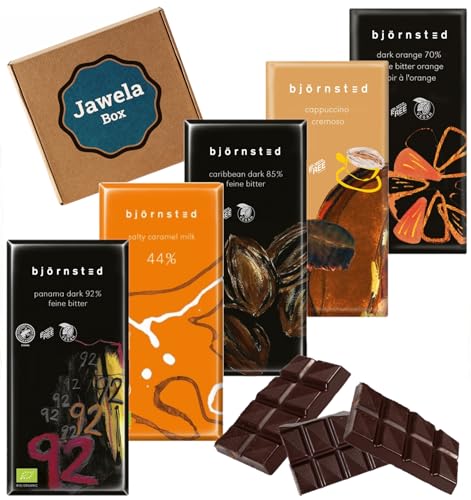 Björnsted Schokolade Premium Mix Set - natural Qualitäts-Schokolade - 92%, 85%, Salty Caramel Milk, Cappuccino, Dark Orange 70% - Jawela Probierset - Geschenk von Jawela