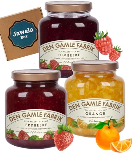 Den Gamle Fabrik Marmelade 3 XL Gläser à 600g: Erdbeere, Orange, Himbeere - Probierset Mix Set XL - Jawela Box - dänischer Fruchtaufstrich von Jawela