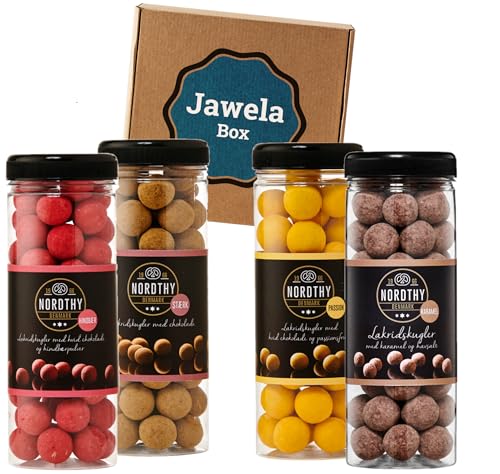 Lakritzkugeln mit Schokolade Nordthy Probierset 4 x 300g - Starklakritz, Karamell-Meersalz, Himbeere, Passionsfrucht - Jawela Mix Box - Probierpaket - Gourmet-Lakritz-Kugeln - Geschenk von Jawela