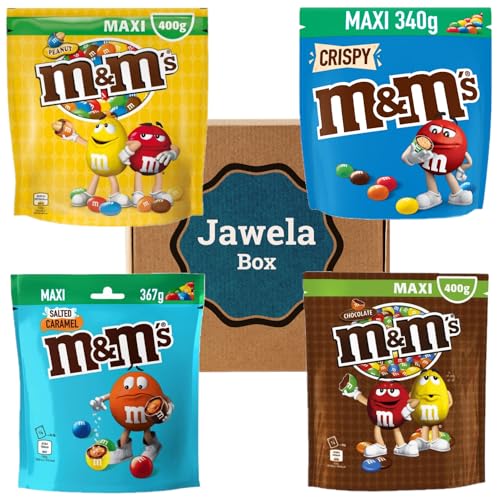 M&M's Probierset 4 Tüten Mix 1.500g - Peanuts, Crispy, Salted Caramel, Chokolate - Jawela Mix Box - Großpackung Schokolade - Schokolinsen Schokonüsse - Geschenk von Jawela