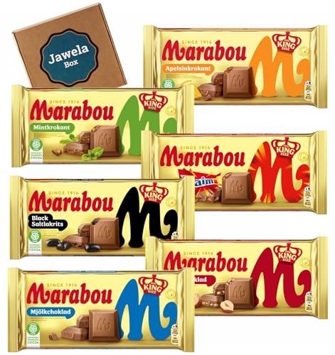 Marabou Schokolade Mix Set - 6 x XXL Tafeln 220g: Mjölk, Nöt, Black Saltlakrits, Daim, Apelsinkrokant, Mintkrokant - Jawela Box - Großpackung Mischung von Jawela
