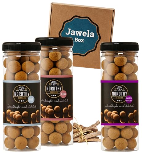 Nordthy Schokoladen Lakritzkugeln MIX SET 3 x 300g: Mild - Stark - Extra Stark - Jawela Box - Gourmet-Lakritz-Kugeln - Geschenk von Jawela