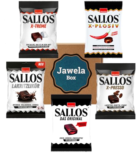 Sallos Mix Probierset 5 Tüten Lakritzbonbons - Original, X-plosiv Chili, X-treme Salz, X-presso Kaffee, Lakritzlikör - vegan - glutenfrei - 5 x Sallos im Jawela Mix Set - Probierpaket von Jawela