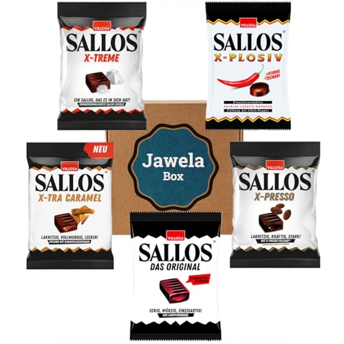 Sallos Mix Probierset 5 Tüten Lakritzbonbons - Original, X-plosiv Chili, X-treme Salz, X-presso Kaffee, X-Tra Caramel - vegan - glutenfrei - 5 x Sallos im Jawela Mix Set - Probierpaket von Jawela