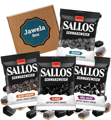 Sallos SCHWARZWEICH Mix Probierset 4 x 200g softes Weichlakritz: Klassik, Salmiak, Salted Caramel, Süß-Salzig - Jawela Mix Set - vegan - glutenfrei - 4 x Sallos schwarzweich - Probierpaket von Jawela