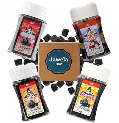 Toms Pingvin Mix Set - 4 x 270g: Salt Pastiller, Sweet Pastiller, Salty Caramel, Sweet Berry Gums - Jawela Box Probierset - orignal dänisches Lakritz Probierpaket von Jawela