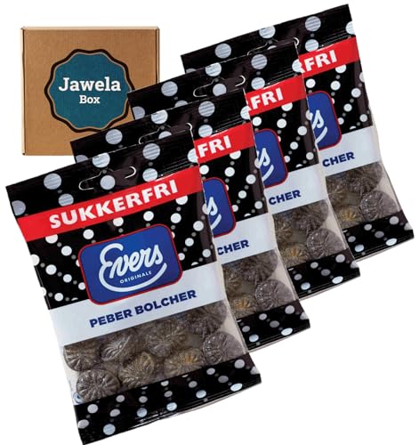 Zuckerfrei Evers Peber Bolcher sukkerfri Pfeffer Lakritz Bonbons zuckerfrei 4er Pack 4 x 70g - Jawela Box - Lakritzbonbon mit Salmiak Füllung von Jawela