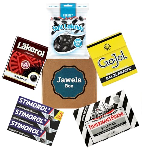 Zuckerfrei Lakritz Set - 5 x Lakritz ohne Zucker: Nordthy Salt Lakdrids hart, Fisherman's Friend Salmiak, Stimorol Lakritz Kaugummi, Läkerol Salmiak, Ga-Jol Salzlakritz - Jawela Box von Jawela