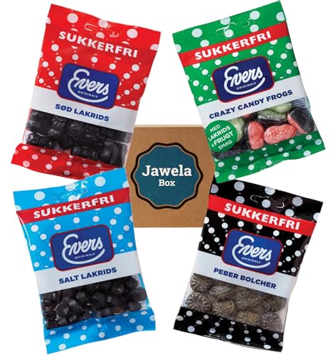 Zuckerfrei Lakritz Set Evers Salzlakritz, Süßlakritz, Peber Bonbons, Lakritz Frucht Frogs - 4 Tüten sugarfree Lakritz Jawela Box - ohne Zucker, kalorienreduziert von Jawela