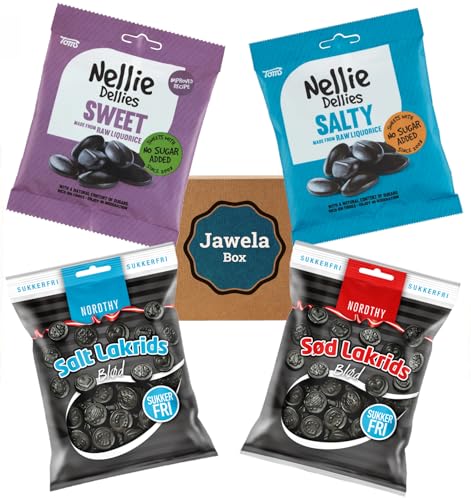 Zuckerfrei Lakritz Set Nellie Dellies Sweet + Salty & Nordthy Salzlakritz + Süßlakritz - 4 Tüten sugarfree Lakritz Jawela Box - ohne Zucker, mit Stevia, kalorienreduziert von Jawela