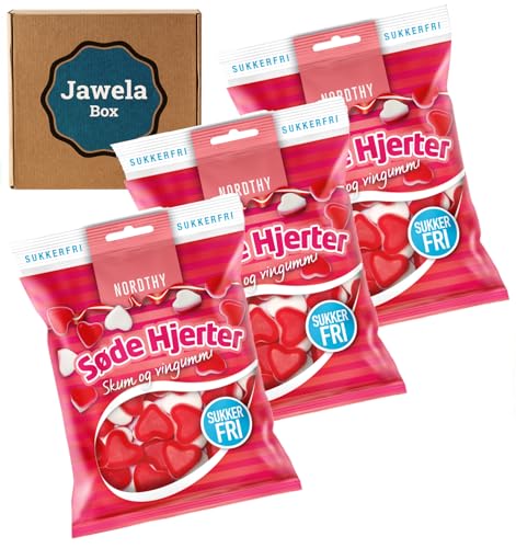 Zuckerfrei Nordthy Süße Herzen Søde Hjerter sukkerfri 3er Pack - 3 x 65g sugarfree Weingummi Fruchtgummi Herzen Jawela Box - ohne Zucker, kalorienreduziert - Muttertag, Valentinstag, Hochzeit von Jawela