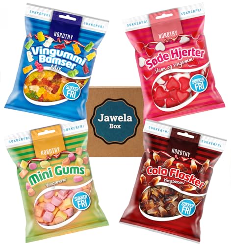 Zuckerfrei Weingummi Mix Set Nordthy: Gummibärchen, Colaflaschen, Süße Herzen, Mini Gums - 4 Tüten sugarfree Weingummi Fruchtgummi Jawela Box - ohne Zucker, kalorienreduziert von Jawela