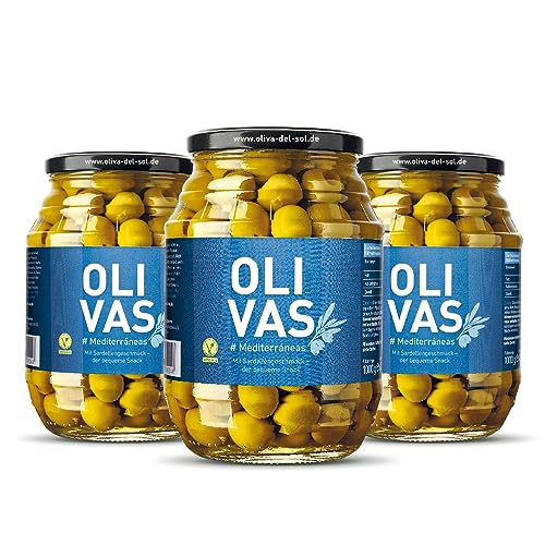 3er Set OLIVAS Mediterráneas / 600 g (Glas) * der praktische Snack mit Sardellengeschmack von Jean Jartin Oliva del Sol