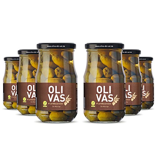 6er Set * OLIVAS Landbauerolive / 220 g (Glas) * angeschnittene Oliven mit Fenchel - das Naturprodukt von Jean Jartin Oliva del Sol