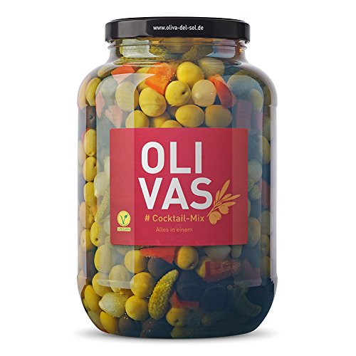 OLIVAS Cocktail-Mix / 2.500 g (Gallone) * Grüne & Schwarze Oliven, Silberzwiebeln, Gewürzgurken und Paprika von Jean Jartin Oliva del Sol