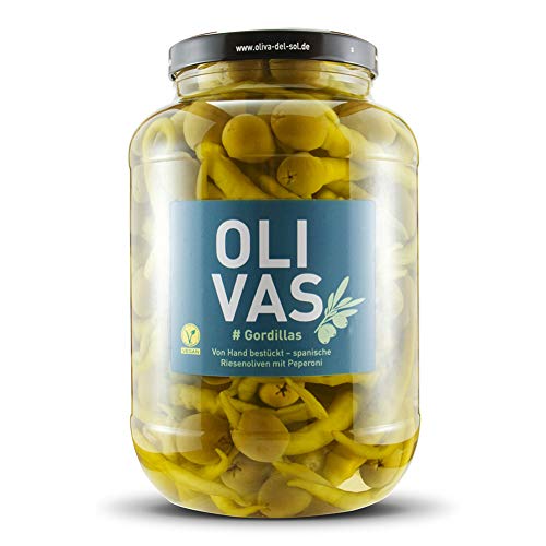 OLIVAS Gordillas / 2.500 g (Gallone) - Von Hand bestückt - ohne Kern - spanische Riesenoliven mit Peperoni von Jean Jartin Oliva del Sol