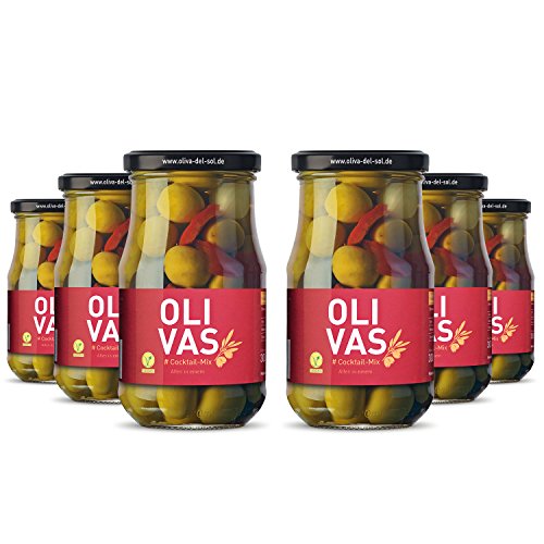6er Set * OLIVAS Cocktail-Mix / 220 g im (Glas) * Grüne & Schwarze Oliven, Silberzwiebeln, Gewürzgurken und Paprika von Jean Jartin Oliva del Sol