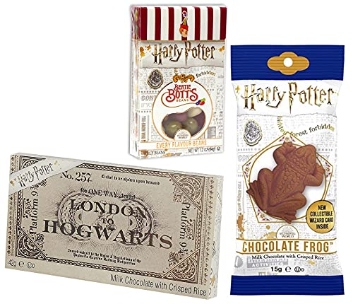 Harry Potter Bertie Botts Bohnen, Schokofrosch und Hogwarts-Zugticket aus Schokolade (35g + 15g + 42g) von Jelly Belly