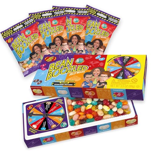 Jelly Belly Beans Boozled Glücksrad & Nachfüllset der 6. Generation, 100g + 4x54g Bags - eklige Geschmacksduelle wie Tutti-Frutti/Stinkende Socken, ideal für Partys & Spieleabende von Jelly Belly