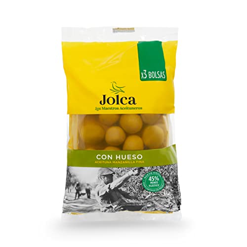 Spanische grüne Manzanilla-Oliven mit Kern - Aceituna Manzanilla con hueso 3 x 65g Beutel von Jolca