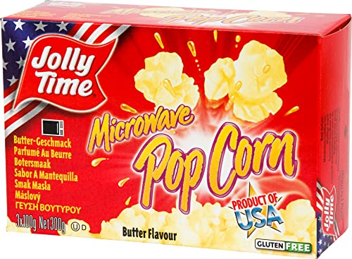 Jolly Time Microwave Popcorn Butter | Mikrowellen Popcorn mit Butter-Geschmack | USA Klassiker Popcorn für die Mikrowelle | Mikrowellenpopcorn Butter Taste, 300 g (3 x 100g) von Jolly Time