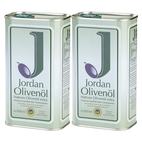 Jordan Olivenöl - Natives Olivenöl Extra 2 x 1Liter - von der griechischen Insel Lesbos - traditionelle Handernte - Kaltextraktion am Tag der Ernte - Kanister im Retro-Design mit Ausgießer von Jordan Olivenöl