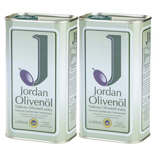 Jordan Olivenöl | Natives Olivenöl Extra [2 x 1L Kanister] - von der griechischen Insel Lesbos | traditionelle Handernte | Kaltextraktion am Tag der Ernte | Kanister im Retro-Design mit Ausgießer von Jordan Olivenöl