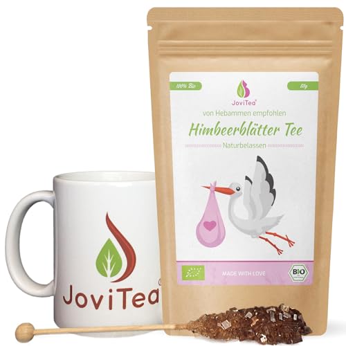 JoviTea® Himbeerblättertee BIO mit Tasse und Kandisstick - Kräutertee - Schwangerschaftstee -100% natürlicher Tee. Aus Biologischem Anbau. Himbeerblätter 80g (1er Pack) von JoviTea