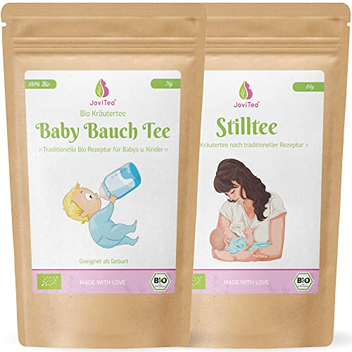 JoviTea® Set Stilltee zur Anregung der Milchbildung, Ausgleich des Feuchtigkeitshaushalts, 100% Bio 80g + JoviTea Baby Bauch Tee BIO Tee für Babys und Kinder 60g(1x Stilltee + 1x Baby Bauch Tee) von JoviTea