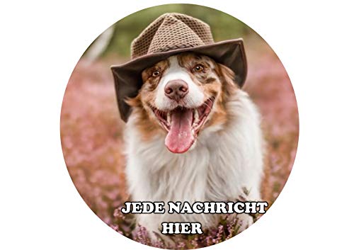 Australischer Schäferhund, der Hut trägt JPS Geburtstags Jede Nachricht personalisierter Name 8-Zoll-runder Zuckerglasurdeckel Australischer Schäferhund, der Hut trägt JPS Geburtstags Jede Nachricht personalisierter Name 8-Zoll-runder Zuckerglasurdeckel von Just Party Supplies
