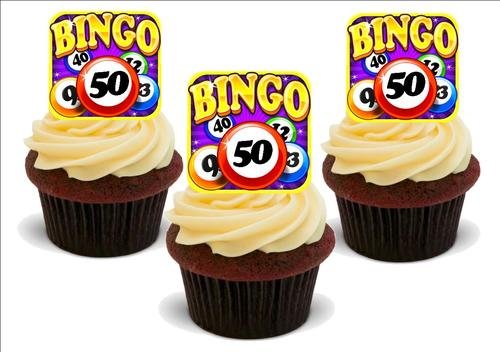 Bingo-Karte 50. Geburtstag - 12 essbare hochwertige stehende Waffeln Karte Kuchen Toppers Dekorationen, Bingo card 50th Birthday- 12 Edible Stand Up Premium Wafer Card Cake Toppers Decorations von Just Party Supplies