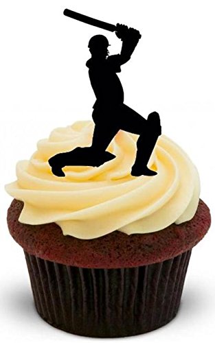 Cricket-Spieler Silhouette -12 essbare hochwertige stehende Waffeln Karte Kuchen Toppers Dekorationen, Cricket Player Silhouette - 12 Edible Stand Up Premium Wafer Card Cake Toppers Decorations von Just Party Supplies