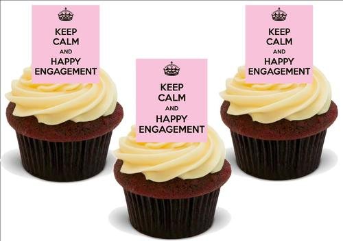 HALTEN SIE RUHE UND GLÜCKLICHES ENGAGEMENT - 12 essbare hochwertige stehende Waffeln Kuchen Toppers, KEEP CALM & HAPPY ENGAGEMENT - 12 Standup Premium Wafer Cake Toppers von Just Party Supplies