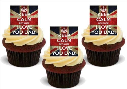 Vatertag BEHALTEN SIE RUHIG, WEIL ICH SIE DAD LIEBE - 12 essbare hochwertige stehende Waffeln Kuchen Toppers, Father's Day KEEP CALM BECAUSE I LOVE YOU DAD - 12 Standup Premium Wafer Cake Toppers von Just Party Supplies