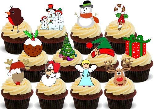 Weihnachten 12er Pack Mix B - 12 essbare hochwertige stehende Waffeln Kuchen Toppers, Christmas 12 Pack Mix B - Standups 12 Edible Standup Premium Wafer Cake Toppers von Just Party Supplies