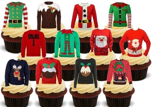 Weihnachten lustige Jumper Party Pack Mix - 12 essbare hochwertige stehende Waffeln Kuchen Toppers, Christmas Funny Jumpers Party Pack Mix - Standups 12 Edible Standup Premium Wafer Cake Toppers von Just Party Supplies