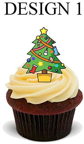Weihnachtsbaum - Design 1- 12 essbare hochwertige stehende Waffeln Kuchen Toppers, Christmas Tree - Design 1- Standups 12 Edible Standup Premium Wafer Cake Toppers von Just Party Supplies