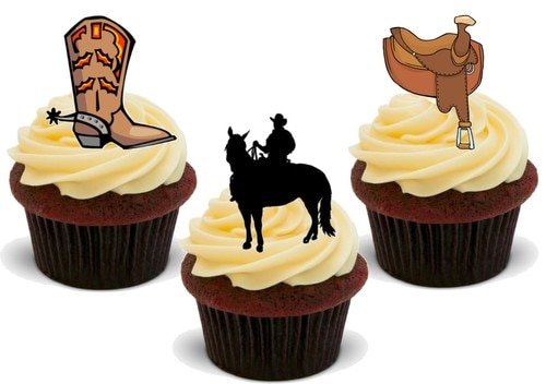 Western Horse Reitermischung – 12 essbare hochwertige stehende Waffeln Karte Kuchen Toppers Dekorationen, Western Horse Rider Mix - 12 Edible Stand Up Premium Wafer Card Cake Toppers Decorations von Just Party Supplies