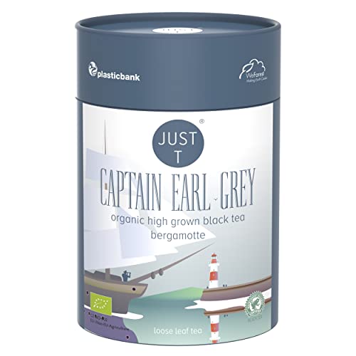 JUST T Captain Earl Grey Loser Tee, 80g | Bio Schwarzer Tee – Gemischt mit Bergamotte | Bio Loser Tee – Biologisch Hochland-Tee im Nachhaltigen Vorratsdose für alle Teeliebhaber von JUST T