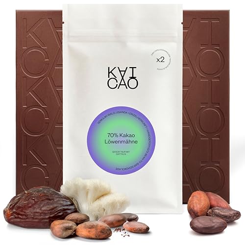 Kaicao Dunkle Schokolade 70% mit Löwenmähne - Dattelsüße – Ohne Raffinierten Zucker, Laktosefrei, Glutenfrei, Vegan – Kakao aus dem Semuliki Forest, Uganda - 2 x 70g von KAICAO