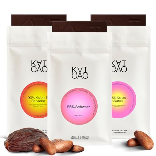 Kaicao Dunkle Schokolade Degustations-Set – 90% Cacao El Salvador, 85% Cacao Peru, 85% Cacao Uganda – Ohne Raffinierten Zucker, Dattelsüße – Perfekt zum Verschenken – 3 x 70g von KAICAO