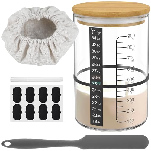 Sauerteig Starter Set 900ml Sauerteig-Starterglas mit Holzabdeckung Gummibänder Silikonspatel Thermometerpapier Stoffhut Sourdough Starter Glass Jar zum Brotbacken von KEGAJEGA