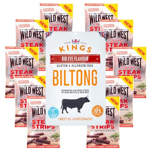KINGS Biltong -WILD WEST Jerky, Original Beef Jerky Trockenfleisch, Dörrfleisch 10 x 25g + 300g RIbeye Biltong von KINGS