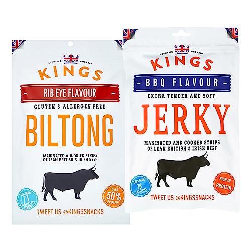 Kings Beef Jerky XXL BIG BAG Mix Pack Ribeye Biltong/BBQ Jerky, Trockenfleisch, High Protein, Glutenfrei (300g&350g) (Mix Pack) von KINGS