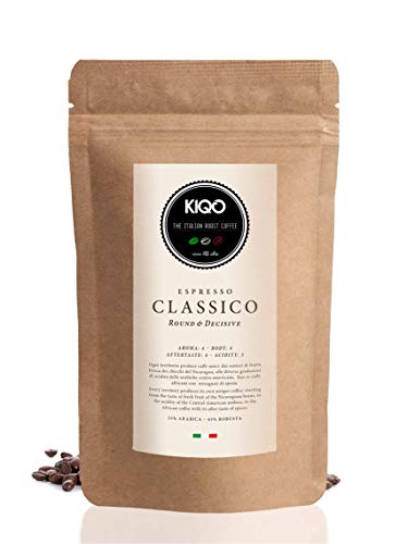 KIQO Classico 1kg Espresso Kaffeebohnen aus Italien | in schonenden Kleinstchargen medium Roast geröstet | säurearm | 35% Arabica & 65% Robusta Bohnen (1000g - ganze Bohnen) von KIQO Coffee & Tea