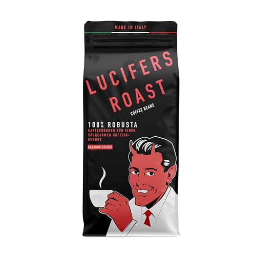 LUCIFERS ROAST 1kg Kaffeebohnen aus Italien - sehr starker Espresso dark roast - säurearm - für Kaffeevollautomaten oder Siebträger - 100% Robusta (ganze Bohnen, 1kg) von KIQO Coffee & Tea