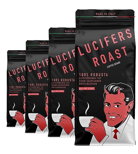 LUCIFERS ROAST 4x1kg Kaffeebohnen aus Italien - sehr starker Espresso dark roast - säurearm - für Kaffeevollautomaten oder Siebträger - 100% Robusta (ganze Bohnen, 4x1kg) von KIQO Coffee & Tea