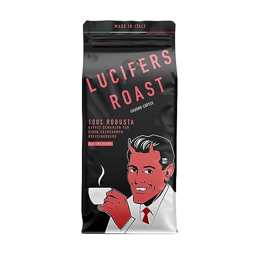 LUCIFERS ROAST 500g Kaffee aus Italien - starker Kaffee dark roast - säurearm - für French Press oder Filterkaffee - 100% Robusta (gemahlen, 500g) von KIQO Coffee & Tea