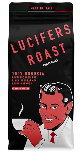 LUCIFERS ROAST 500g Kaffeebohnen by KIQO aus Italien - sehr starker dark roast Espresso - säurearm - für Kaffeevollautomaten oder Siebträger - 100% Robusta (500g, ganze Bohne) von KIQO Coffee & Tea